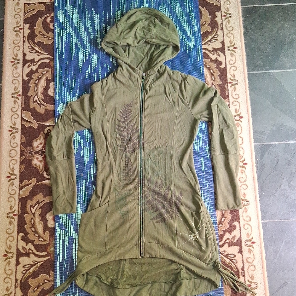 Olive Green Hooded Zip-Front Long Jacket